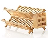 HBlife Dish Rack, Bamboo Folding 2-Tier Collapsible Drainer Dish Drying Rack with Utensils Flatware Holder Set (Dish Rack with Utensil Holder)