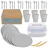 Y-in Hand Wheat Straw Dinnerware Sets for 6, 31 Piece Unbreakable Outdoor Cutlery Set. Reusable plates and cups set for camping, picnics, RV trips, and party grills. (Gray)