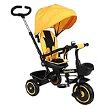 Lamgool Toddler Tricycles 4 in 1 Stroll Trike with Push Handle Removable Canopy Detachable Guardrail Retractable Foot Plate Safety Harness Storage Stroller Kids Tricycle for 12Months to 5 Years Yellow