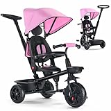 TODUFULL Kids' Tricycle, 6 IN1 Baby Trike with Removable Canpoy& Push Handle, Toddler Bike for Kids 12-60 Months, 360° Swivel Seat, Folding Pedal, EVA Wheels，Storage Basket, Pink