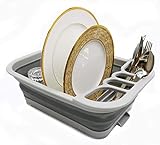 SAMMART Collapsible Dish Drainer with Drainer Board - Foldable Drying Rack Set - Portable Dinnerware Organizer - Space Saving Kitchen Storage Tray (1, Grey)