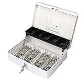Sgorlds Cash Box Key Lock on Side, Cash Box with Money Tray & Key Lock 4 Bill 5 Coin Slots,Large Safe Lock Box with Key,Metal Money Saving Organizer for Security 11.8L x 9.5W x 3.5H Inches, White