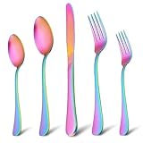 E-far Matte Rainbow Silverware Set for 4, 20-Piece Stainless Steel Flatware Eating Utensils Set with Round Handle, Colorful Cutlery Forks Spoons and Knives for Home Kitchen Restaurant, Brushed Finish