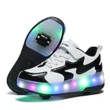 BFOEL Kids 2 Wheels Shoes with Lights Rechargeable Roller Skates Shoes Retractable Wheels LED Flashing Sneakers for Boys(1.5 Little Kid White Black 33)