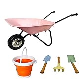 KOVOME Kid's Wheelbarrow Toy, Gardening Metal Small Wheel Barrow Wagon Set, Yard Tools Gift for Boys and Girls, Children Barrows (Pink and Black)