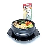 Jovely Korean Cooking Premium Ceramic Stone Bowl(Dolsot or Ddukbaegi) Diameter 6.3'' High 2.95'' Sizzling Hot Pot for Korean food such as Bibimbap and Soup (with Tray and Special Bowl Tongs Set)