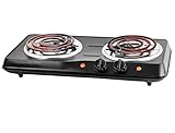 OVENTE Electric Countertop Double Burner, 1700W Cooktop with 6' and 5.75' Stainless Steel Coil Hot Plates, 5 Level Temperature Control, Indicator Lights and Easy to Clean Cooking Stove, Black BGC102B