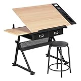 Yaheetech Height Adjustable Drafting Table Drawing Table Artist Desk Tilting Tabletop Art Craft Desk Watercolor Paintings Sketching Work Station w/2 Storage Drawers and Stool for Home Office