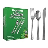 The FORKED 100 Pieces Silver Plastic Silverware Party Utensils Set - Heavy Duty Disposable and Durable Fancy Silverware Combo Set - 40 Forks, 30 Knives and 30 Pcs Spoons (Silver)