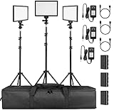 SUPON 3 Pack LED Video Light Stand Lighting Kit with Battery/Charger for Studio Photography YouTube Video Shooting,Bi-Color 3300K-5600K Ultra Slim Countinuous Output Lighting Panel