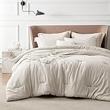 Bedsure Queen Comforter Set - Beige Queen Size Comforter, Soft Bedding for All Seasons, Cationic Dyed Bedding Set, 3 Pieces, 1 Comforter (90'x90') and 2 Pillow Shams (20'x26'+2')
