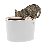 IRIS USA Large Stylish Round Top Entry Cat Litter Box with Scoop, Curved Kitty Litter Pan with Litter Particle Catching Grooved Cover and Privacy Walls, White/Beige