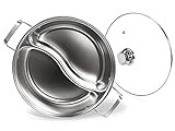 CHRYSLIN Stainless Steel Pot with Divider,Weldless Hot Pot,Two-Flavor Soup Pot Shabu Shabu Pot,Induction Cookware with Toughened Glass Lid,12 inch,4.6-Quart,Silver