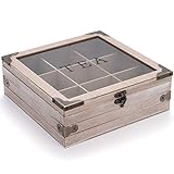 handrong Wooden Tea Box Organizer Wood Tea Storage Box Chest Rustic Tea Bag Holder Rack Storage Container Tea Caddy for Coffee Tea Sugar Sweeteners Creamers Drink Pods Packets (Gray)