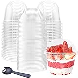 Alaeseje 50 Pack 10oz Plastic Cups with Dome Lids(No Hole) and Sporks,Disposable PET Parfait Cups,Crystal Dessert Cups for Pudding,Snacks,Ice Cream,Yogurt