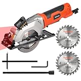 Yunirvana 4Amp 3500RPM Mini Circular Saw with Laser Guide, Vacuum Adapter, Blade Wrench and Rip Guide, Max. Cutting Depth1-5/8'(90°), 1-1/10'(45°）Compact Saw with 2 pcs 4-1/2' 24T TCT Blades
