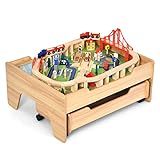 HONEY JOY Train Table, Wooden Kids Activity Table with Storage Drawer, 100 Multicolor Pieces, Tracks, Trains, Cars, Toddler Train Table Set, Gift for Boys Girls Age 3+, Natural