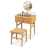 CHARMAID Makeup Vanity Table with Stool, Bamboo Vanity Desk with Rotating Mirror, 2 Drawers, Deep Storage Alcove, Tempered Glass Tabletop, Girls Dressing Table for Small Space Bedroom (Vanity Set)