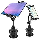 Car Cup Holder Tablet Mount & Phone Cradle Stand Truck for iPad Pro 9.7, 11, 12.9 Air Mini 5 4 3 2, Samsung Galaxy Tabs, iPhone 15 14 Pro, 4.7'-12.9' Smartphone Tab, Adjustable Long Arm, 360º Rotating