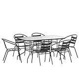 Flash Furniture Lila 7 Piece Patio Dining Set - 55' Tempered Glass Patio Table with Umbrella Hole, 6 Black Metal Aluminum Slat Stack Chairs