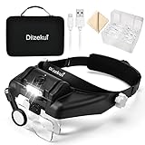 Dilzekui Head Mount Magnifier with LED Light, Rechargeable Black Headband Magnifier, Head-mounted Magnifying Glass with 6 Detachable Lens,Carry Case, Hands Free Magnifying Glasses for Close Work Craft