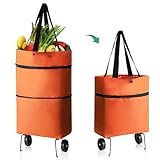 Collapsible Trolley 16 Gallon Capacity Bags Folding Shopping Bag with Wheels Foldable Shopping Cart Reusable Shopping Bags Grocery Bags Shopping Trolley Bag on Wheels (Orange)