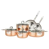 Viking Culinary 3-Ply Stainless Steel Hammered Copper Clad Cookware Set, 10 Piece | Oven Safe, Works on Electronic, Ceramic, and Gas Cooktops