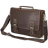 Polare Vintage Full Grain Leather Tote Briefcase Professional 16'' Laptop Shoulder Messenger Bag with YKK Metal Zippers(Dark Brown)