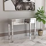 Mecor Mirrored Makeup Dressing Table Set w/Tri-fold Mirror Silver Vanity Table with 2 Drawers Modern Writing Desk for Bedroom Bathroom Home Office