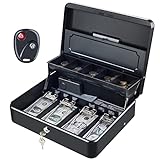 Tera Anti Theft Cash Box with Remote Control Heavy Duty Money Tray and Key Lock 4 Bill 5 Coin Inner Tray 11.8' x 9.4' x 3.5' Large Safe Box Rounded Corners for Small Businesses Yard Sale Home KL380