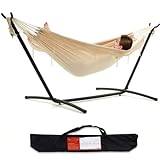 PNAEUT Double Hammock with Space Saving Steel Stand Included Handmade Tassel 2 Person Heavy Duty Outside Garden Yard Outdoor 450lb Capacity 2 People Standing Hammocks Portable Carrying Bag (Natural)