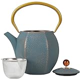 Tovacu Cast Iron Tea Pots for Loose Tea, Japanese Style Tea Kettle Stovetop,Blue Teapot with Infuser Stainless Steel,Tea Pot for Tea Party,Women,Adults with Modern Golden Handle (1000ml,Hexagon)