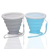 Silicone Collapsible Cups for Camping Travel, Small Portable Drinking Cup with Lids Reusable for Outdoor Hiking 270ml (Blue & Gray, 2Pack)