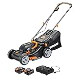 Worx 40V 17' Cordless Lawn Mower for Small Yards, 2-in-1 Battery Lawn Mower Cuts Quiet, Compact & Lightweight Push Lawn Mower with 7-Position Height Adjustment – 2 Batteries & Charger Included