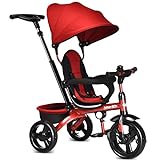 INFANS Kids Tricycle, 4 in 1 Stroll Trike with Adjustable Push Handle, Removable Canopy, Retractable Foot Plate, Lockable Pedal, Detachable Guardrail, Suitable for 10 Months to 5 Years (Red)