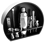 Bartender Kit: 10-Piece Stainless Steel Cocktail Shaker Set with Designed Black Wooden Stand for Home- Premium Bartending Kit for Experts and Beginners with Cocktail Recipes Booklet!