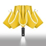 Lejorain Automatic Folding Umbrella Inverted - Upside Down Yellow Windproof Umbrella LED Flashlight Handle With Reflective Strip