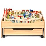 OLAKIDS Wooden Train Set, Kids Table with 100 Multicolor Pieces Railway Track, Storage Drawer, City, Car, Creative Toy Playset Gift for Toddlers Boys Girls