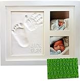 Baby Handprint & Footprint Keepsake Photo Frame Kit - Personalize it w/ Bonus Stencil! Non-Toxic Clay, Wall/Table Wood Picture Frame. Perfect Registry, Baby Shower, New Mom, Birthday & Newborn Gift!