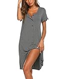 Ekouaer Women's Nightshirt Short Sleeve Button Down Nightgown V-Neck Sleepwear Pajama Dress, Grey, Large