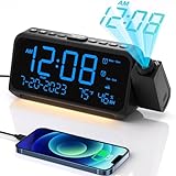 Projection Alarm Clock for Bedroom with Weekday/Weekend Mode,Digital Clock with 350° Projector,5-Level Dimmer,Adjustable Volume,Temperature & Humidity Monitor,Calendar,Snooze,12/24H,DST,Battery Backup