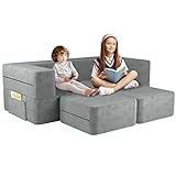 linor Kids Couch, Toddler Couch with Washable and Durable Covers, Modular Kids Sofa Couch, Foldable Loveseat & Two Ottoman, Fold Out Lounger (Charcoal)