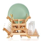 Worthyeah Bamboo Dish Drying Rack, 3 Tier Collapsible Wooden Dish Drying Rack with Utensil Holder, Plate Rack Holder for Kitchen Counter, Large Folding Drying Holder, Dish Drainer