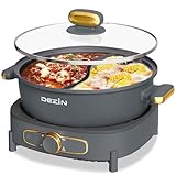 Dezin Hot Pot Electric with Divider, 5L Double-Flavor Shabu Shabu Pot, Dual Sided Removable Non-Stick Hotpot Pot Electric, 3' Depth Chinese Hot Pot with Multi-Power Control, 2 Silicone Ladles Included
