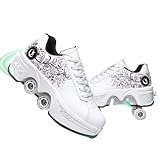 MLyzhe Women's Deformation Retractable Four-Wheeled Roller Skates Multifunction Adjustable Double Row Roller Shoes Outdoor Automatic Walking Sports Shoes,White Flower,40EU/9US