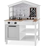 Best Choice Products Farmhouse Play Kitchen Toy, Wooden Pretend Set for Kids w/Chalkboard, Marble Backdrop, Windows, Storage Shelves, 5 Accessories Included - Beveled White