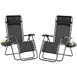 Yaheetech Zero Gravity Recliners Outdoor Adjustable Folding Reclining Lounge Chairs w/Pillows, Cup Holder Trays and Carry Strap for Patio Backyard Beach Black Set of 2