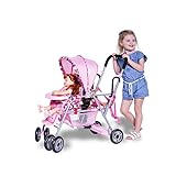 Joovy Toy Caboose Baby Doll Stroller Featuring Reclining Front Seat, Adjustable Footrest, Storage Basket, Extendable Canopy, and Snack Tray - Holds 3 Dolls (Pink Dot)