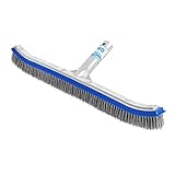 440 Heavy Duty Pool Brush - 18-inch Extra-Wide Metal Brush Head with Stainless Steel Wire Bristles & Curved Edges for Cleaning Pool Tiles, Walls, Floor, Steps - Easy Clip Attachment to Fit Most Poles