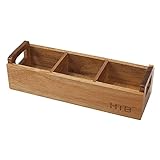 Small Tea Bag Box Wooden by HTB, 3 Compartments Acacia Wood Tea Bag Chest with Handle, Mini Countertop Divided Storage Container for Beverage Supplies, Sugar, Sweeteners, Individual Packets